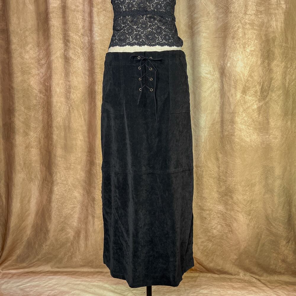 Vintage Lace Up Skirt 90s Black Faux Suede Maxi Goth Witchy Whimsigoth Steampunk